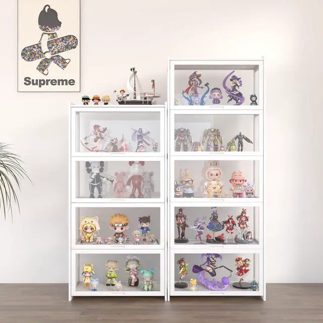 Alt view image 5 of 6 - 5-Tier Display Cabinet Bamboo with Acrylic Glass Door Curio Display Case for Collectibles Toy Organizers Rack & Display Shelf Kids Bookshelf for Home, Office, Playroom, Living Room(White)