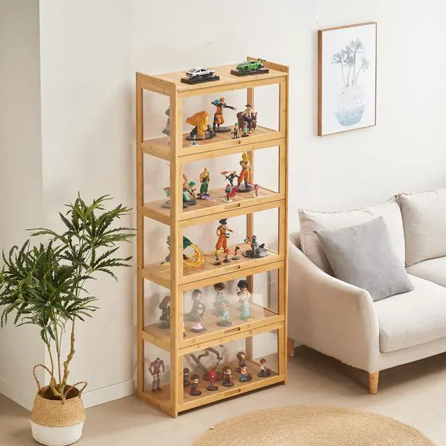 Main image of 5-Tier Display Cabinet Bamboo with Acrylic Glass Door Curio Display Case for Collectibles Toy Organizers Rack & Display Shelf Kids Bookshelf for Home, Office, Playroom, Living Room(Nature)