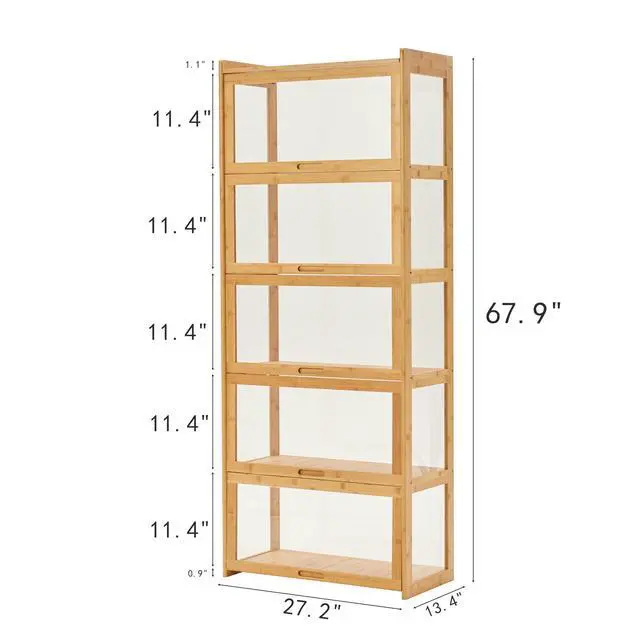 Alt view image 2 of 6 - 5-Tier Display Cabinet Bamboo with Acrylic Glass Door Curio Display Case for Collectibles Toy Organizers Rack & Display Shelf Kids Bookshelf for Home, Office, Playroom, Living Room(Nature)