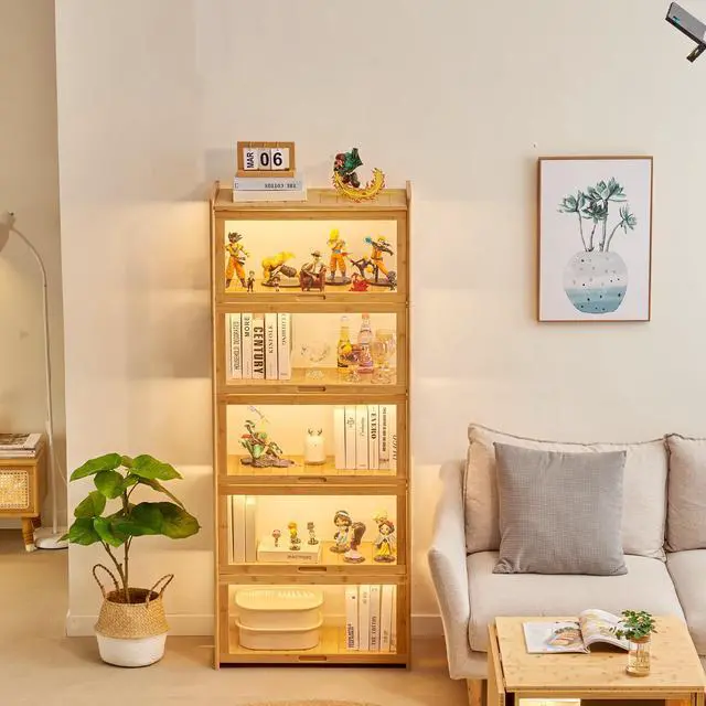 Alt view image 3 of 6 - 5-Tier Display Cabinet Bamboo with Acrylic Glass Door Curio Display Case for Collectibles Toy Organizers Rack & Display Shelf Kids Bookshelf for Home, Office, Playroom, Living Room(Nature)