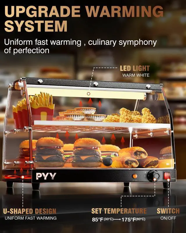 Alt view image 4 of 6 - Commercial Food Warmer Display, 2-Tier Electric Countertop Food Warmer with LED Lighting Adjustable Glass Door, Pastry Display Case for Restaurant Black