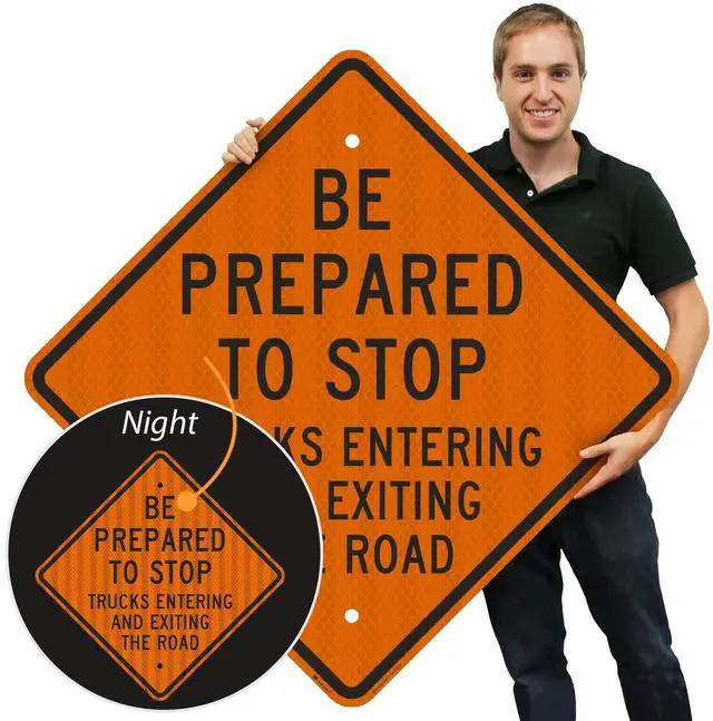 Main image of "Be Prepared to Stop, Trucks Entering and Exiting The Road" Sign | 36" x 36" 3M High Intensity Grade Reflective Aluminum, Made in USA
