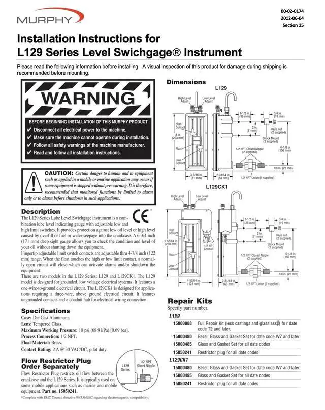 Alt view image 4 of 4 - L129CK1 Lube Level Swichgage (15700107)