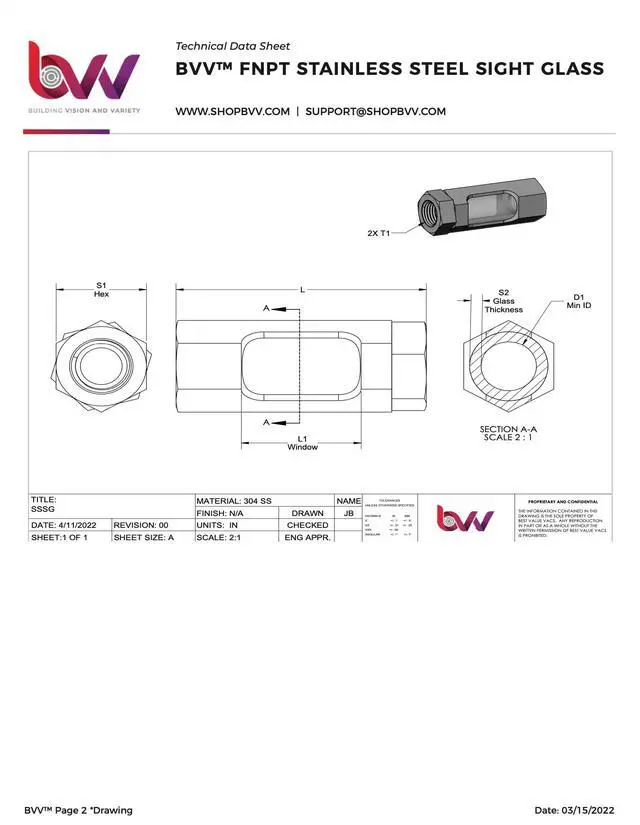 Alt view image 6 of 6 - BVV Female NPT Stainless Steel Sight Glass-1"