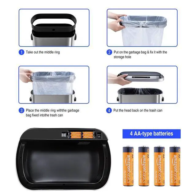 Alt view image 4 of 6 - Smart Automatic Trash Can with Lid 13 Gallon, Stainless Steel Thickened Body & Super Mute Sensor Lid with 30 Count Garbage Bags for Kitchen Office Bedroom Waste Bin and More - Silver