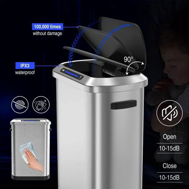 Alt view image 6 of 6 - Smart Automatic Trash Can with Lid 13 Gallon, Stainless Steel Thickened Body & Super Mute Sensor Lid with 30 Count Garbage Bags for Kitchen Office Bedroom Waste Bin and More - Silver