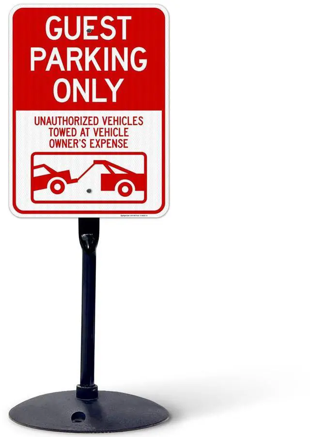 Main image of Guest Parking Only Unauthorized Vehicles Towed At Owner Expense with Graphic Sign, 18x24 Inches, 3M EGP Reflective with Post & Cast Iron Base Stand Set Made in USA by