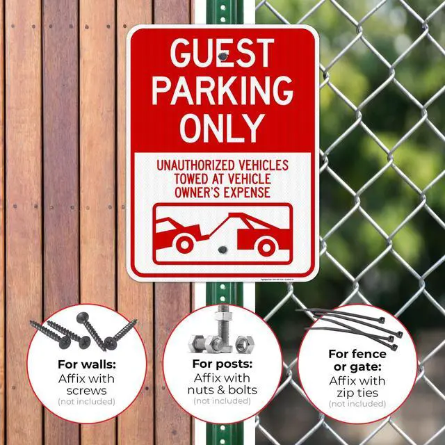 Alt view image 2 of 6 - Guest Parking Only Unauthorized Vehicles Towed At Owner Expense with Graphic Sign, 18x24 Inches, 3M EGP Reflective with Post & Cast Iron Base Stand Set Made in USA by