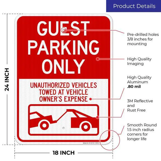 Alt view image 3 of 6 - Guest Parking Only Unauthorized Vehicles Towed At Owner Expense with Graphic Sign, 18x24 Inches, 3M EGP Reflective with Post & Cast Iron Base Stand Set Made in USA by