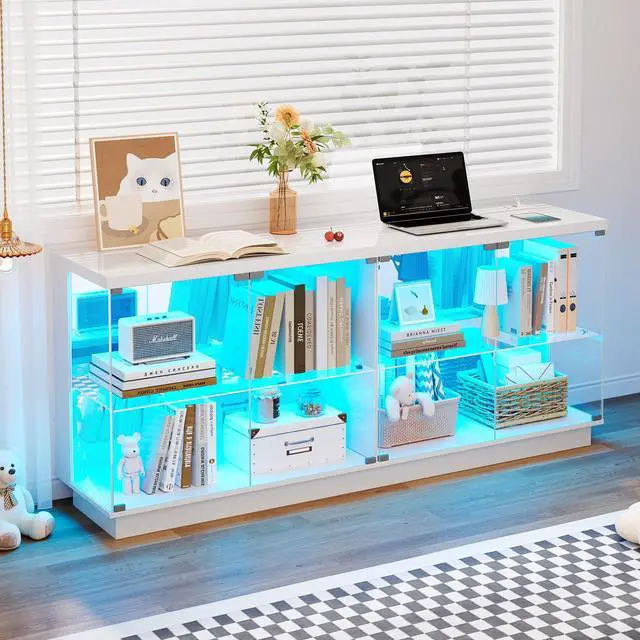 Main image of 59" Glass Display Cabinet with Glass Door, Clear Tempered Curio Cabinet with Charging Station, Human Body Sensor & RGB Lights for Collectibles, Modern Display Case for Living Room, White