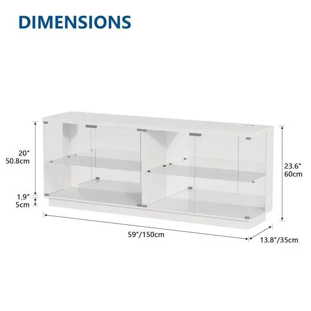 Alt view image 2 of 6 - 59" Glass Display Cabinet with Glass Door, Clear Tempered Curio Cabinet with Charging Station, Human Body Sensor & RGB Lights for Collectibles, Modern Display Case for Living Room, White