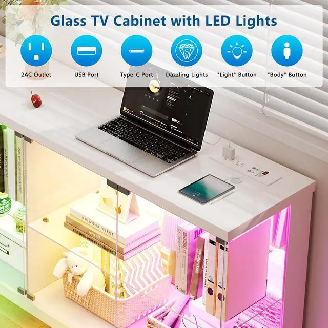 Alt view image 3 of 6 - 59" Glass Display Cabinet with Glass Door, Clear Tempered Curio Cabinet with Charging Station, Human Body Sensor & RGB Lights for Collectibles, Modern Display Case for Living Room, White