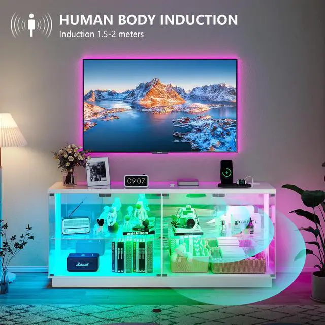Alt view image 4 of 6 - 59" Glass Display Cabinet with Glass Door, Clear Tempered Curio Cabinet with Charging Station, Human Body Sensor & RGB Lights for Collectibles, Modern Display Case for Living Room, White