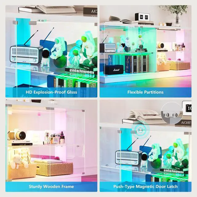 Alt view image 6 of 6 - 59" Glass Display Cabinet with Glass Door, Clear Tempered Curio Cabinet with Charging Station, Human Body Sensor & RGB Lights for Collectibles, Modern Display Case for Living Room, White