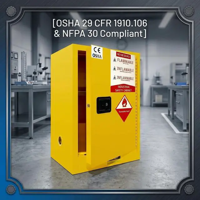 Alt view image 2 of 6 - Flammable Safety Cabinet, 35 Gallon Fire-Resistant Storage Cabinet 18 x 23 x 35, Yellow Steel Chemical Storage Cabinet with Manual-Close Door and Lock for Garage, Workshop, Lab (35 Callon)