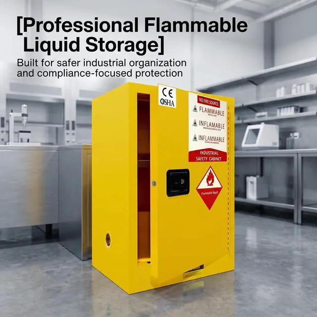 Alt view image 3 of 6 - Flammable Safety Cabinet, 35 Gallon Fire-Resistant Storage Cabinet 18 x 23 x 35, Yellow Steel Chemical Storage Cabinet with Manual-Close Door and Lock for Garage, Workshop, Lab (35 Callon)
