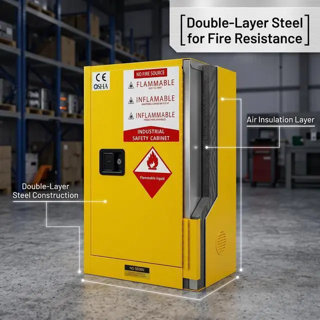 Alt view image 4 of 6 - Flammable Safety Cabinet, 35 Gallon Fire-Resistant Storage Cabinet 18 x 23 x 35, Yellow Steel Chemical Storage Cabinet with Manual-Close Door and Lock for Garage, Workshop, Lab (35 Callon)