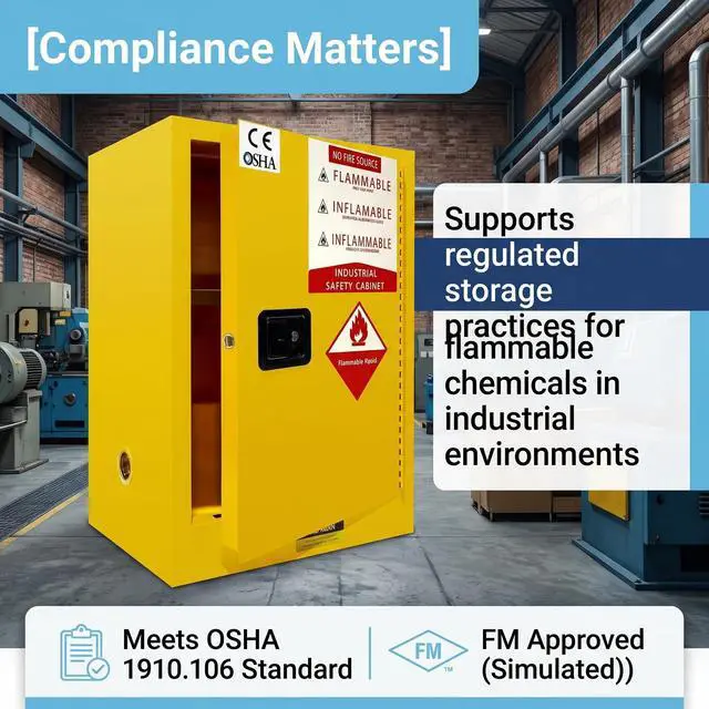 Alt view image 5 of 6 - Flammable Safety Cabinet, 35 Gallon Fire-Resistant Storage Cabinet 18 x 23 x 35, Yellow Steel Chemical Storage Cabinet with Manual-Close Door and Lock for Garage, Workshop, Lab (35 Callon)