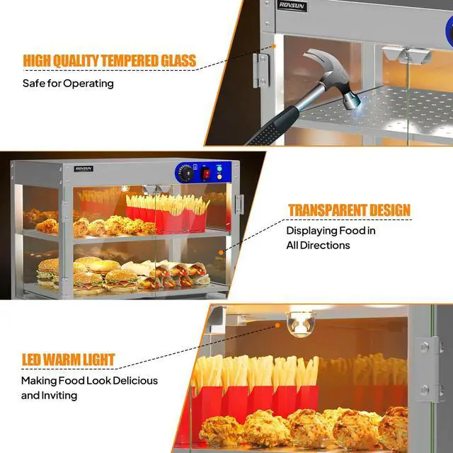 Alt view image 5 of 6 - Food Warmer Display Pizza Warmer, Commercial Countertop Food Warmer Electric with Removable Shelves LED Lighting Glass Door, Pastry Display Case for Restaurant Buffet 800W (2 Tiers)