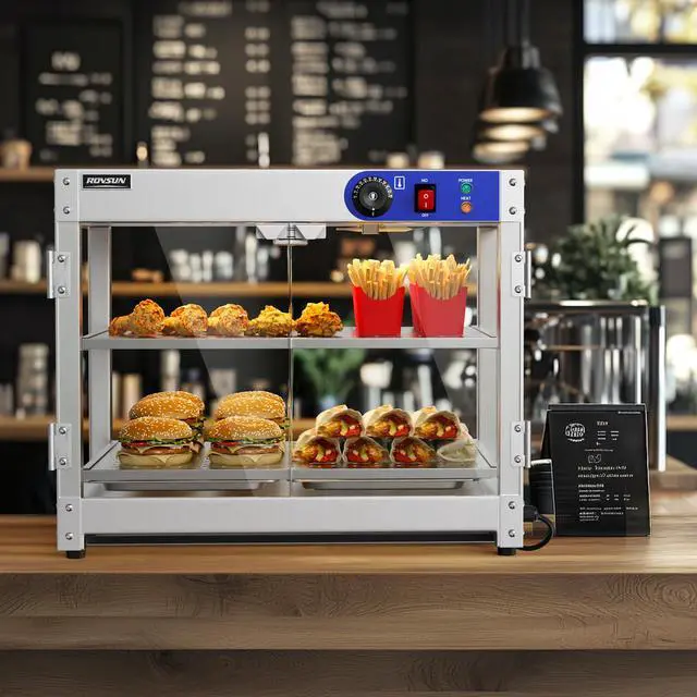 Alt view image 6 of 6 - Food Warmer Display Pizza Warmer, Commercial Countertop Food Warmer Electric with Removable Shelves LED Lighting Glass Door, Pastry Display Case for Restaurant Buffet 800W (2 Tiers)