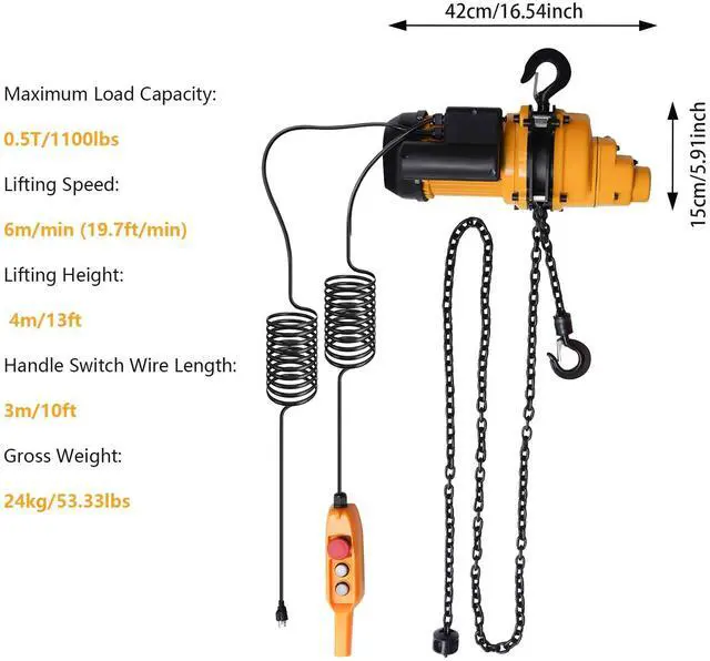 Alt view image 6 of 6 - Electric Chain Hoist Winch - 1100Lbs Chain Electric Lift Hoist Single Phase Overhead Crane Hoist w/Emergency Stop Switch Design Max Lift Height 13Ft 110V Crane Hoist for Garage Ceiling