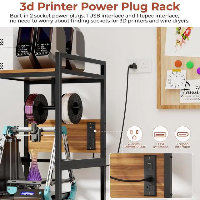 Alt view image 4 of 6 - 3D Printer Stand with Filament Storage, Heavy-Duty Metal Frame, T-Type Filament Holder, Built-in Power Panel, Open Frame Printer Workstation for Home & Workshop