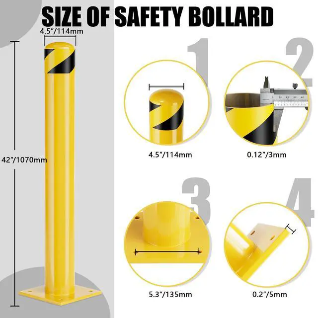 Alt view image 2 of 6 - Safety Bollard Post, 42 Inch Height Steel Bollards, 4.5 Inch Diameter Parking Bollard, Yellow Powder Coated Safety Parking Barrier Post, for Traffic Sensitive Areas (42inch 4Pack)