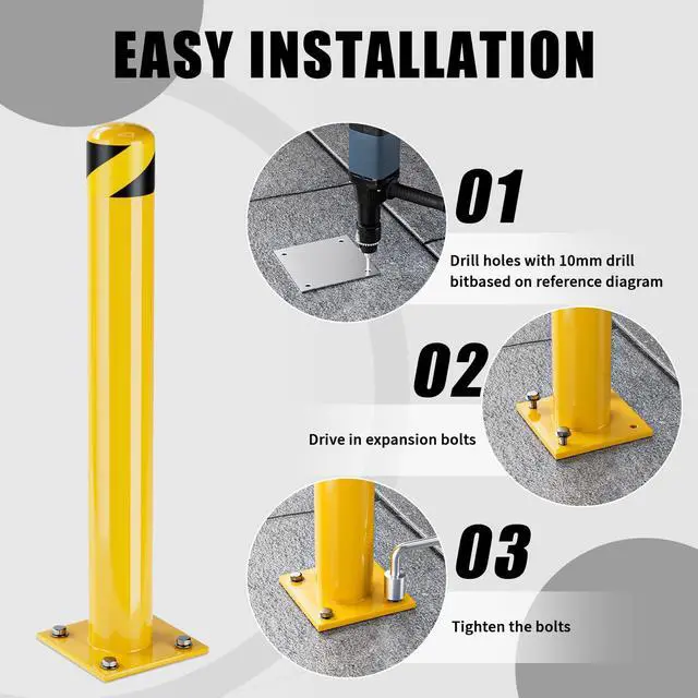 Alt view image 4 of 6 - Safety Bollard Post, 42 Inch Height Steel Bollards, 4.5 Inch Diameter Parking Bollard, Yellow Powder Coated Safety Parking Barrier Post, for Traffic Sensitive Areas (42inch 4Pack)
