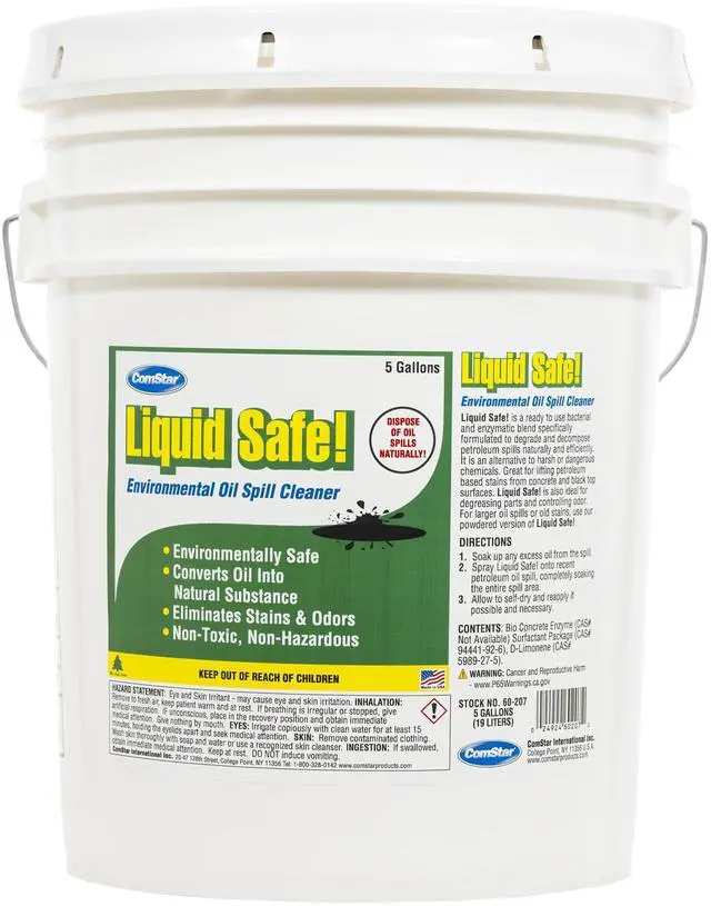 Main image of Liquid Safe, 5 Gallons, Environmental Oil Spill Cleaner, Degreaser, Removes Stains & Odors, Non-Toxic, Safe for Concrete, Asphalt, Parts, Petrol Spills (60-207)