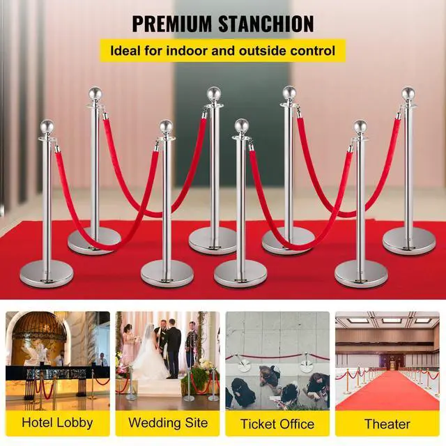 Alt view image 2 of 6 - Velvet Ropes and Posts, 8 Pcs, 5 ft Red Velvet Rope, Stanchion Post with Ball Top, Crowd Control Barriers, Red Carpet Poles for Party Supplies