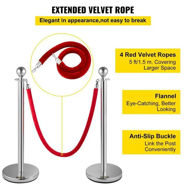 Alt view image 4 of 6 - Velvet Ropes and Posts, 8 Pcs, 5 ft Red Velvet Rope, Stanchion Post with Ball Top, Crowd Control Barriers, Red Carpet Poles for Party Supplies