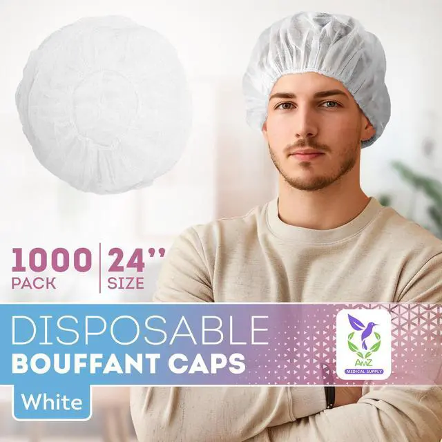 Alt view image 2 of 6 - Disposable Bouffant Caps, 24 Inch White Polypropylene Hair Covers with Elastic Band, Breathable Nonwoven Head Covers for Food Service, Spa, Salon, 1000 Pack