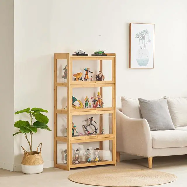 Main image of 4-Tier Display Cabinet Bamboo with Acrylic Glass Door Curio Display Case for Collectibles Toy Organizers Rack & Display Shelf Kids Bookshelf for Home, Office, Playroom, Living Room(Nature)