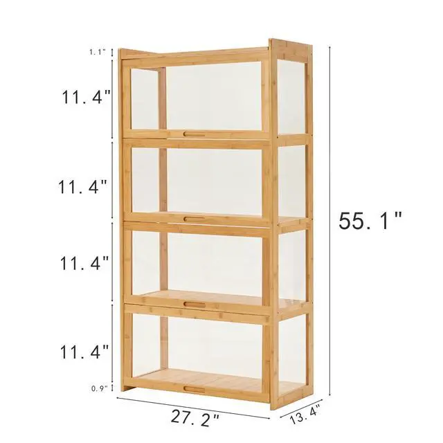 Alt view image 2 of 6 - 4-Tier Display Cabinet Bamboo with Acrylic Glass Door Curio Display Case for Collectibles Toy Organizers Rack & Display Shelf Kids Bookshelf for Home, Office, Playroom, Living Room(Nature)