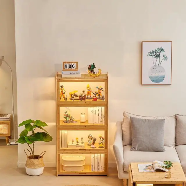 Alt view image 3 of 6 - 4-Tier Display Cabinet Bamboo with Acrylic Glass Door Curio Display Case for Collectibles Toy Organizers Rack & Display Shelf Kids Bookshelf for Home, Office, Playroom, Living Room(Nature)