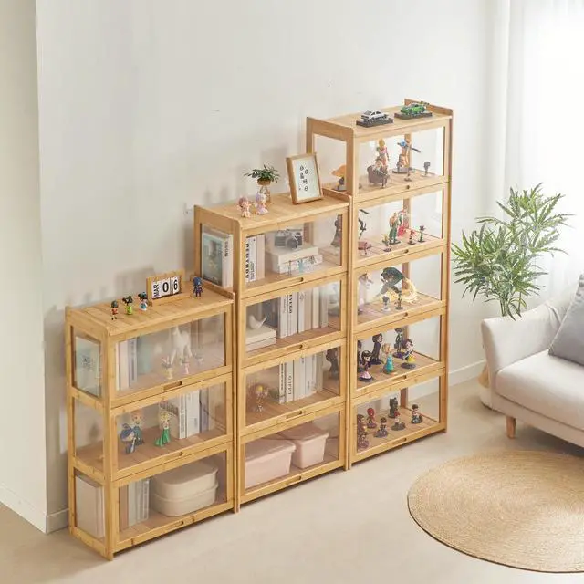 Alt view image 4 of 6 - 4-Tier Display Cabinet Bamboo with Acrylic Glass Door Curio Display Case for Collectibles Toy Organizers Rack & Display Shelf Kids Bookshelf for Home, Office, Playroom, Living Room(Nature)