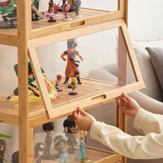 Alt view image 5 of 6 - 4-Tier Display Cabinet Bamboo with Acrylic Glass Door Curio Display Case for Collectibles Toy Organizers Rack & Display Shelf Kids Bookshelf for Home, Office, Playroom, Living Room(Nature)
