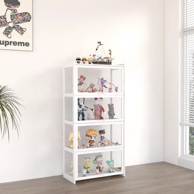 Main image of 4-Tier Display Cabinet Bamboo with Acrylic Glass Door Curio Display Case for Collectibles Toy Organizers Rack & Display Shelf Kids Bookshelf for Home, Office, Playroom, Living Room(White)
