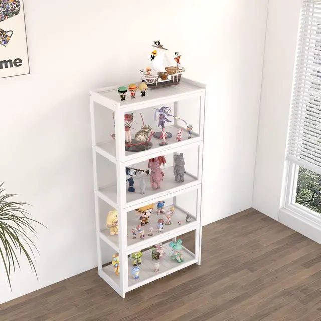 Alt view image 3 of 6 - 4-Tier Display Cabinet Bamboo with Acrylic Glass Door Curio Display Case for Collectibles Toy Organizers Rack & Display Shelf Kids Bookshelf for Home, Office, Playroom, Living Room(White)