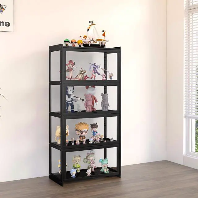 Main image of 4-Tier Display Cabinet Bamboo with Acrylic Glass Door Curio Display Case for Collectibles Toy Organizers Rack & Display Shelf Kids Bookshelf for Home, Office, Playroom, Living Room(Black)