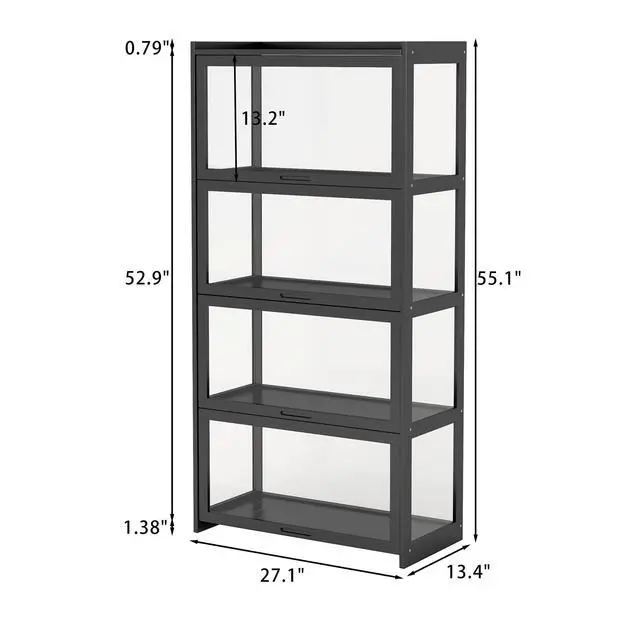 Alt view image 2 of 6 - 4-Tier Display Cabinet Bamboo with Acrylic Glass Door Curio Display Case for Collectibles Toy Organizers Rack & Display Shelf Kids Bookshelf for Home, Office, Playroom, Living Room(Black)