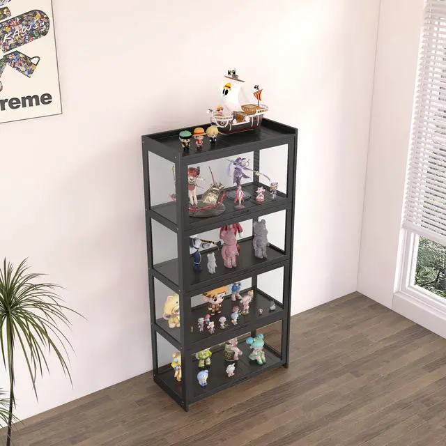 Alt view image 3 of 6 - 4-Tier Display Cabinet Bamboo with Acrylic Glass Door Curio Display Case for Collectibles Toy Organizers Rack & Display Shelf Kids Bookshelf for Home, Office, Playroom, Living Room(Black)