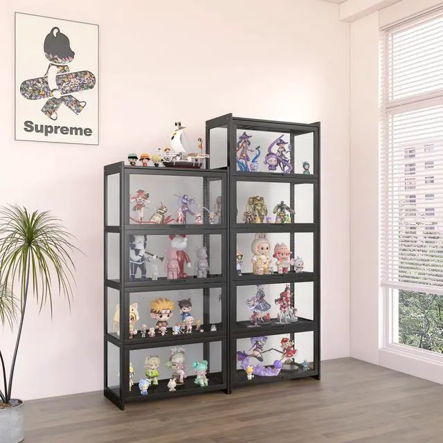 Alt view image 4 of 6 - 4-Tier Display Cabinet Bamboo with Acrylic Glass Door Curio Display Case for Collectibles Toy Organizers Rack & Display Shelf Kids Bookshelf for Home, Office, Playroom, Living Room(Black)