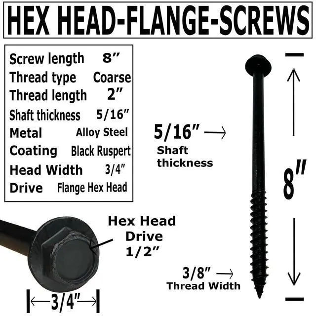 Alt view image 2 of 6 - (100) 3/8 X 8 Black Hex Head Lag Wood Screws, Heavy Duty lag Bolts for Timber, Tree Houses, Fences by -Qty 100