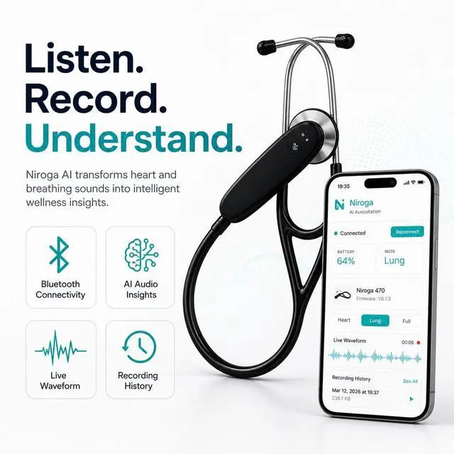 Alt view image 3 of 5 - Niroga 470 Digital Stethoscope, 40x Audio Amplification, Heart Rate Monitor, Heart and Lung Sounds (Black)