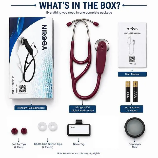 Alt view image 4 of 5 - Niroga 470 Digital Stethoscope, 40x Audio Amplification, Heart Rate Monitor, Heart and Lung Sounds (Black)