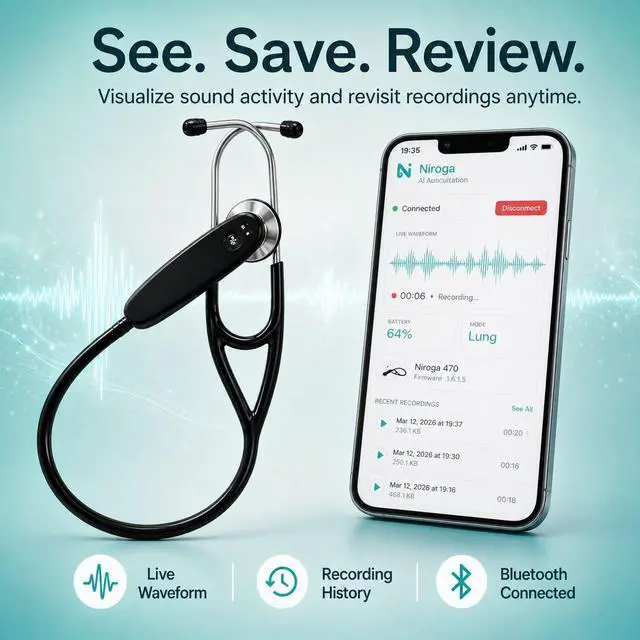 Alt view image 5 of 5 - Niroga 470 Digital Stethoscope, 40x Audio Amplification, Heart Rate Monitor, Heart and Lung Sounds (Black)