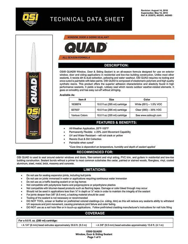 Alt view image 5 of 5 - OSI Quad Advanced Formula 10 fl. oz. Clear #000 Window Door and Siding Sealant VOC, (12/cs)