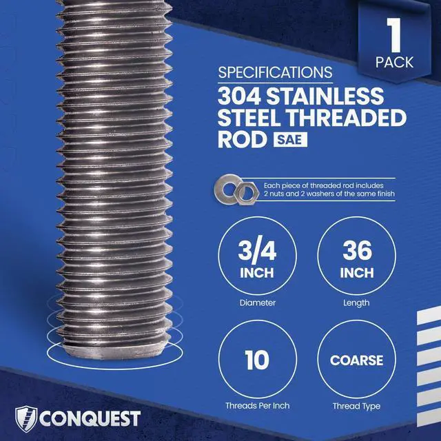 Alt view image 2 of 6 - Conquest Type 304 Stainless Steel Threaded Rod 3/4"-10 x 36 Inches (4-Pack) - Coarse Threaded All-Thread Rods for Industrial and Outdoor Use