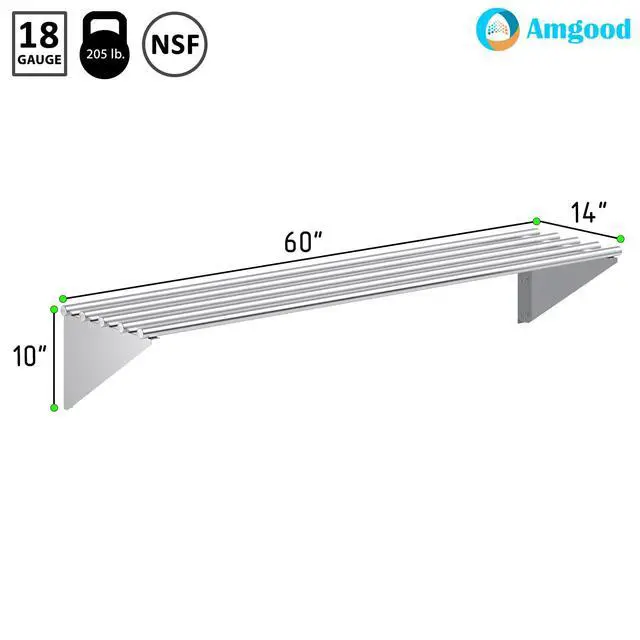 Alt view image 3 of 6 - 14 in. x 60 in. NSF Stainless Steel Tubular Wall Shelf | Heavy-Duty Metal Shelving for Appliances & Equipment | Ideal for Kitchen, Restaurant, Garage, Laundry, Utility Room